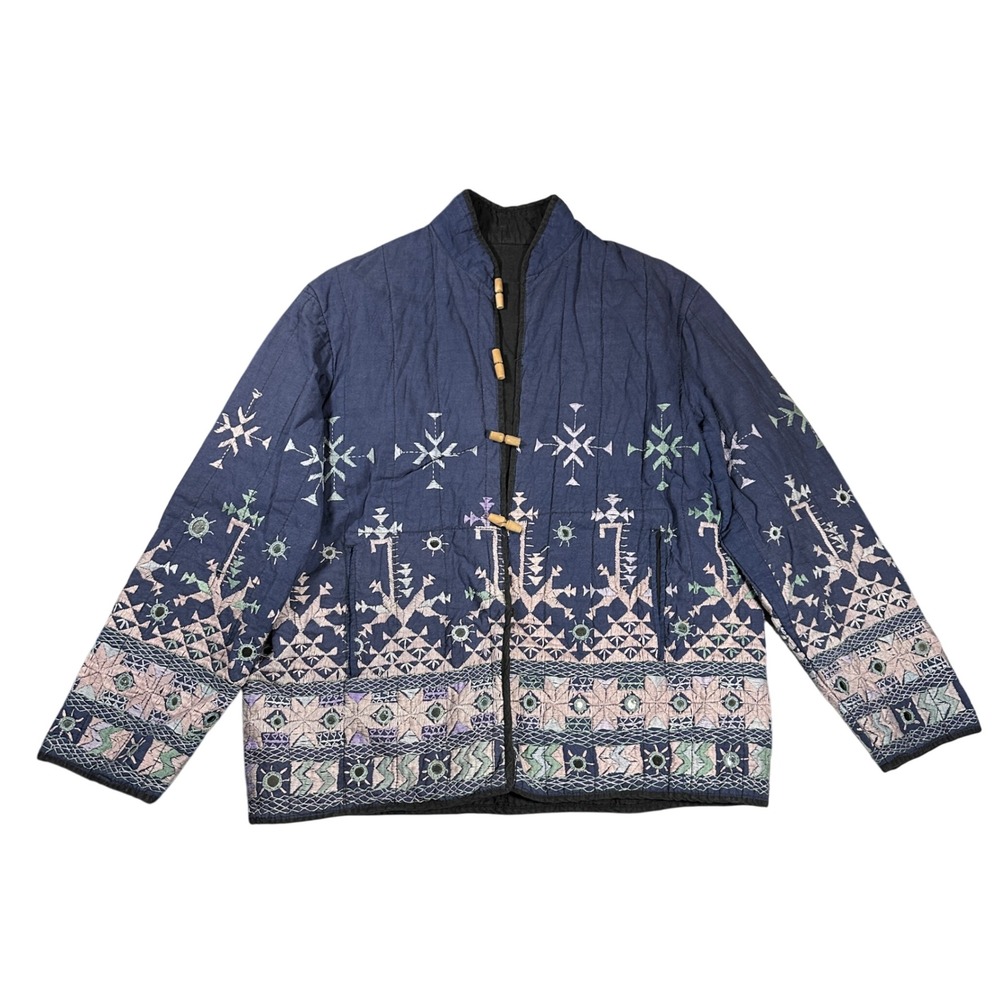 Vintage Indigo Quilted Shisha Mirror Embroidered Folk Art Toggle Jacket Blue